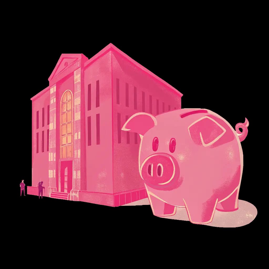 Porquinho em frente a uma instituição financeira